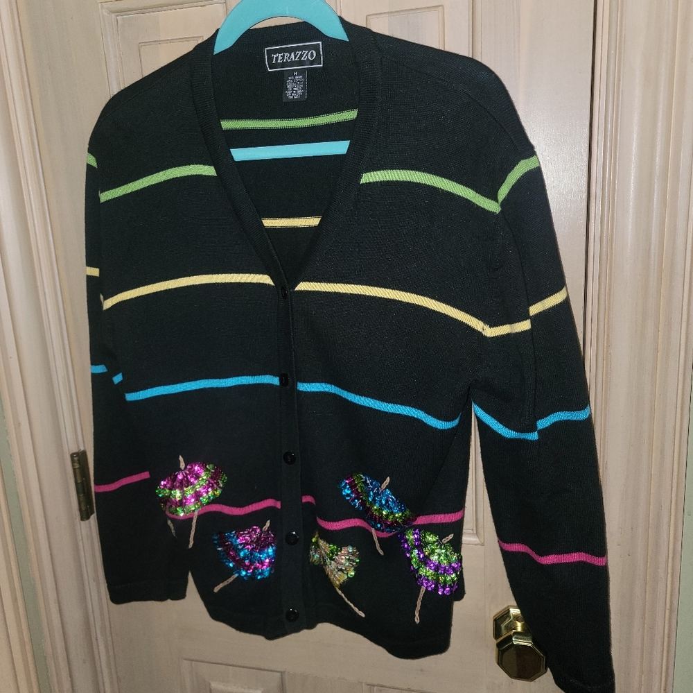 Misses Sz M Terazzo Black Cardigan Sweater Beaded Umbrellas Whimsical Artsy